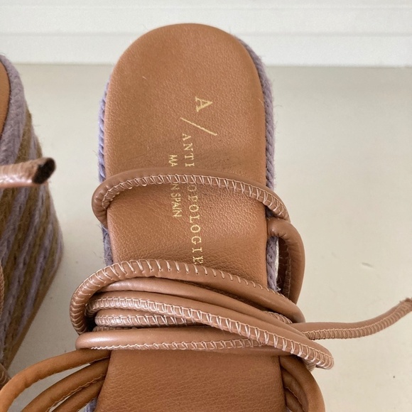Anthropologie Raffia Platform Brown & Lavender Heeled Wedge Sandals Sz 38 - Picture 5 of 9